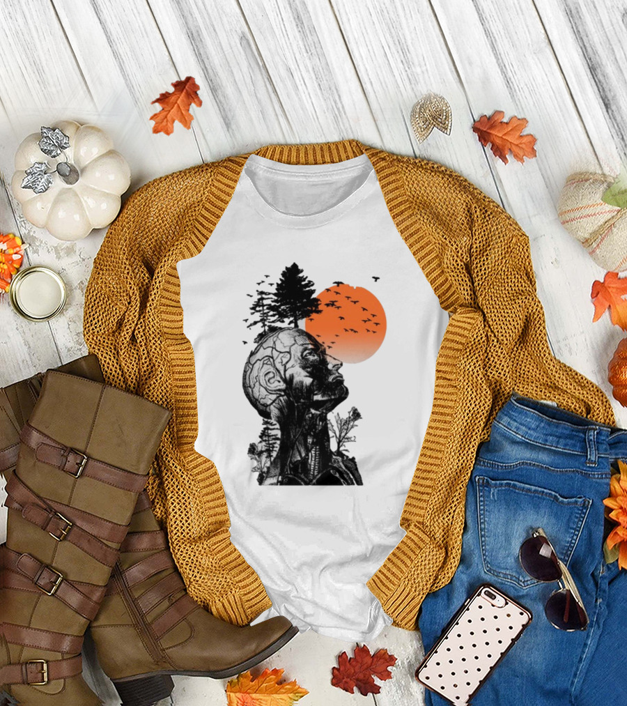 Jason Kelce Hangover Brain Anatomy with Sunset and Flying Birds T-Shirt