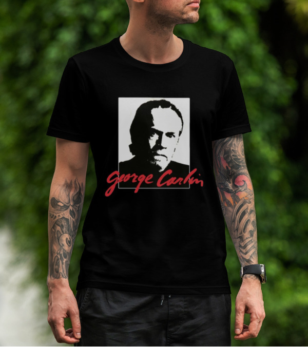 George Carlin Sometimes A Little Brain Damage Can Help Black And White Portrait Mike Cessario T-Shirt