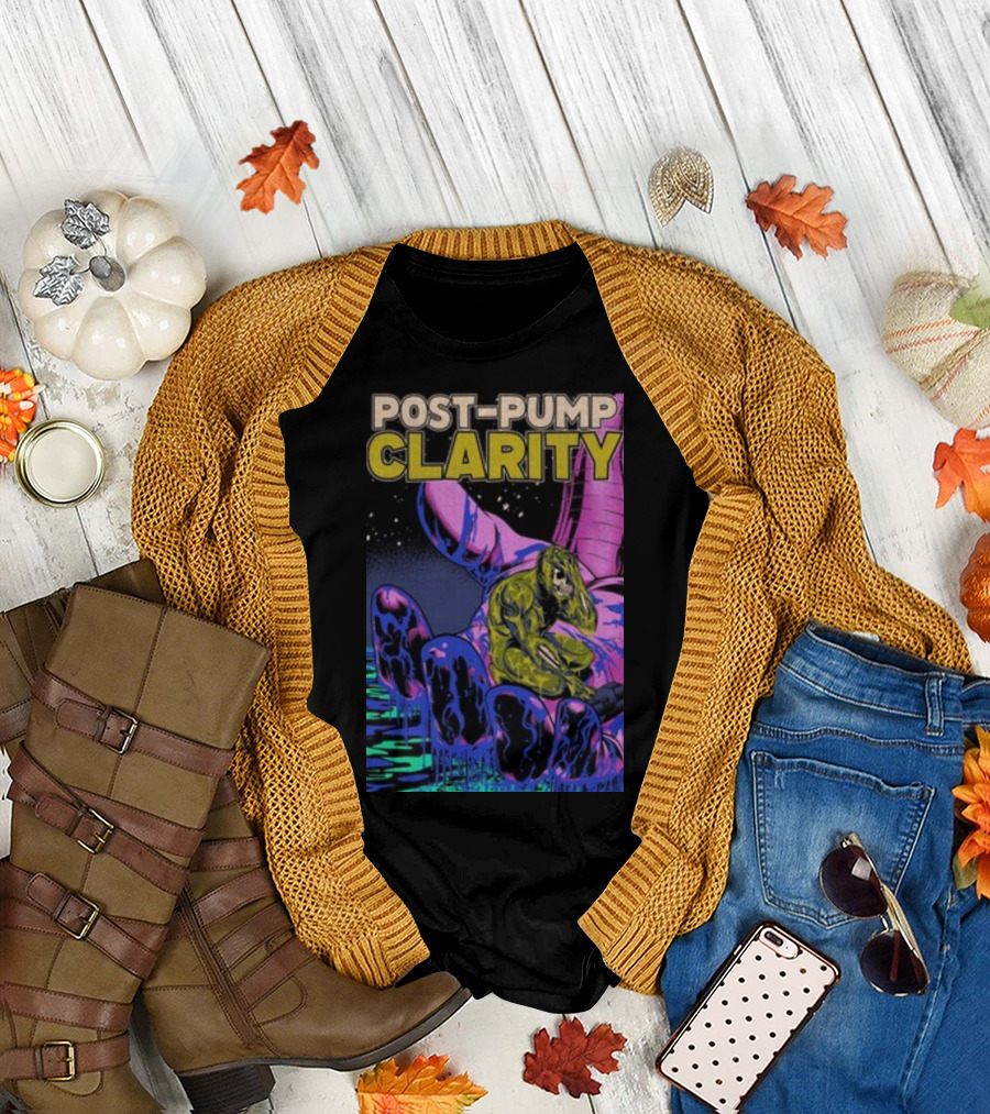 Post-Pump Clarity Comic Style Melting Figure on Cosmic Background T-Shirt