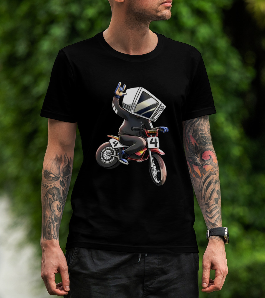 Makethehoodsmile Microwave Man Riding Number 4 Motorcycle T-Shirt