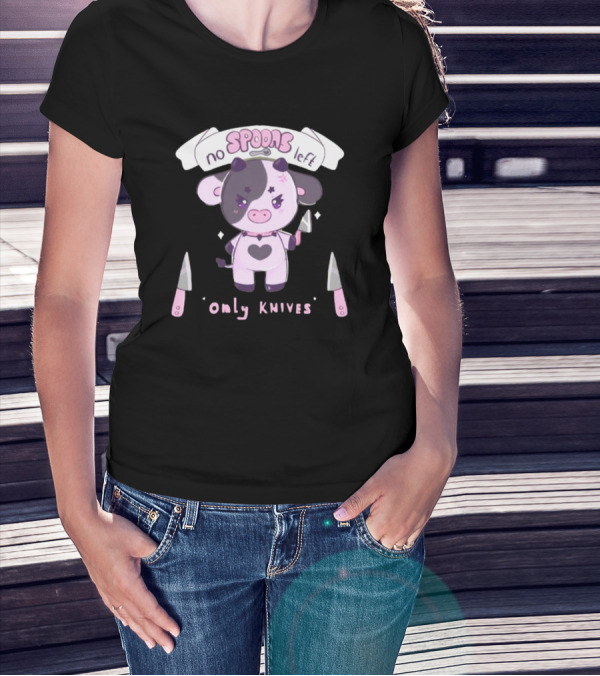 No Spoons Left Only Knives Cute Cow Holding Knife T-Shirt