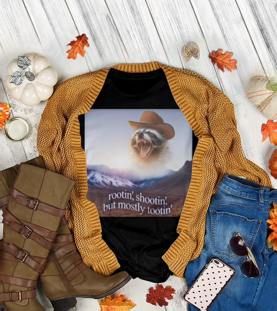 Rootin' Shootin' But Mostly Tootin' Raccoon Cowboy with Hat in Scenic Mountain Sunset T-Shirt