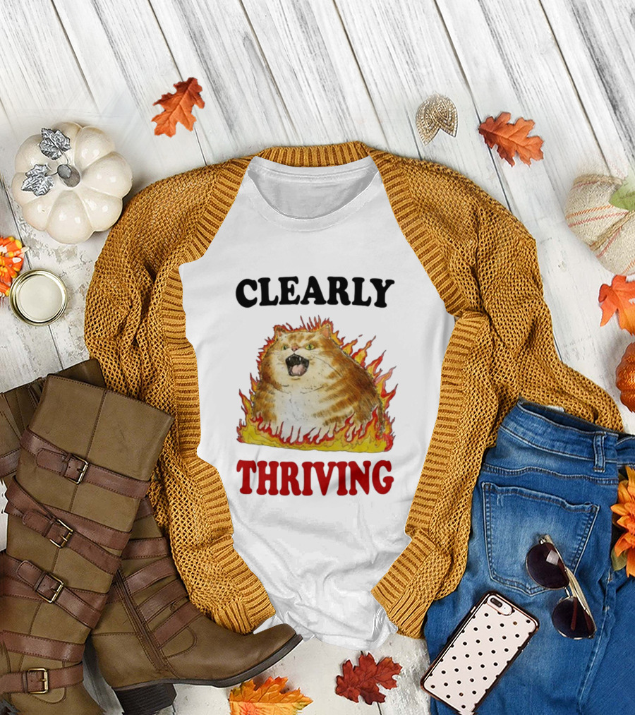 CLEARLY THRIVING Fluffy Cat in Flames T-Shirt