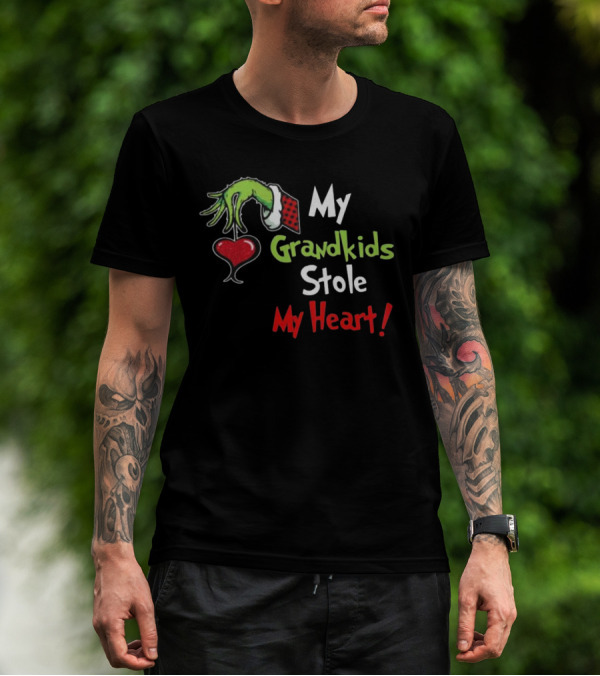 Grinch Green Monster Christmas My Grandkids Stole My Heart Kids Textured Sleeves T-Shirt
