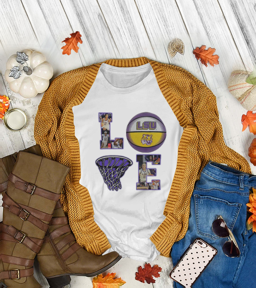 LSU Tigers Women's Basketball Love Collage with Basketball and Players T-Shirt