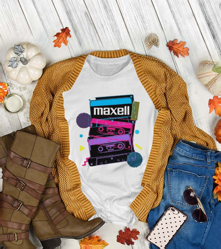 Maxell Retro Cassette Stack Vibrant Neon Aesthetic T-Shirt