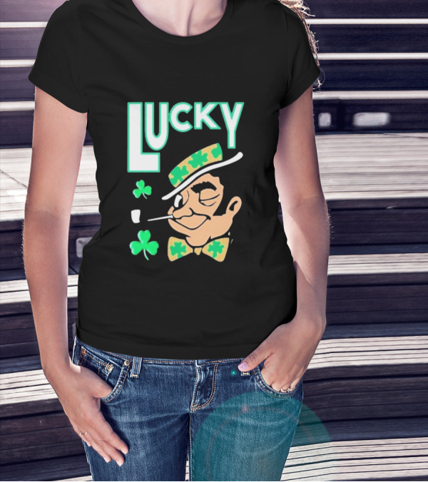Boston Celtics Lucky The Leprechaun Shamrock Winking Pipe T-Shirt
