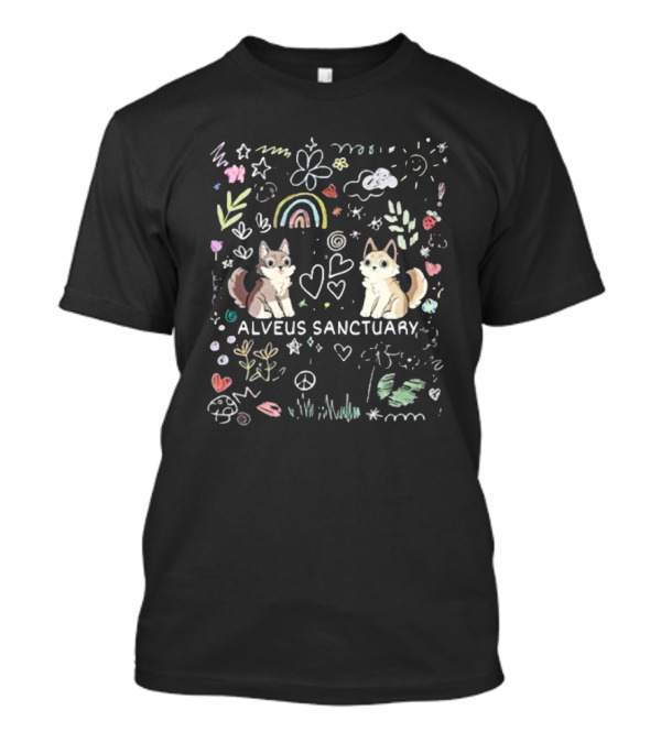 Alveus Sanctuary Wolf Doodle Rainbow Hearts Peace Signs Clouds Stars T-Shirt
