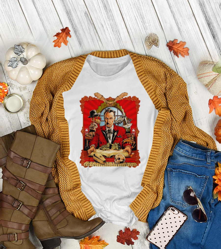 Vincent Price Classic Horror Icon with Gothic Art Elements and Macabre T-Shirt