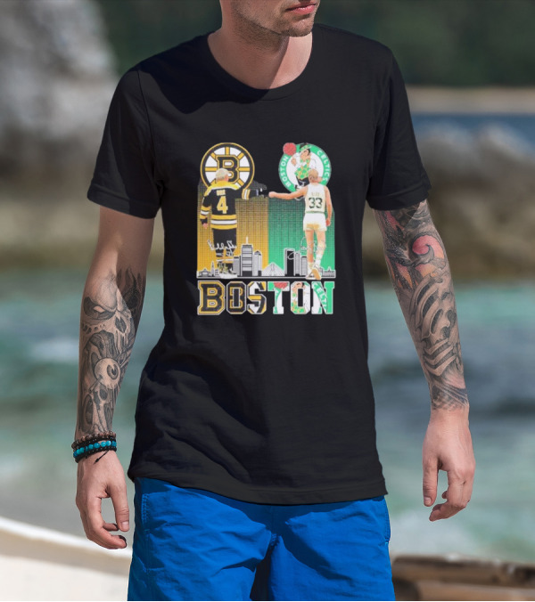 Bobby Orr Boston Bruins Larry Bird Boston Celtics Skyline Signatures Logos And Boston Text T-Shirt