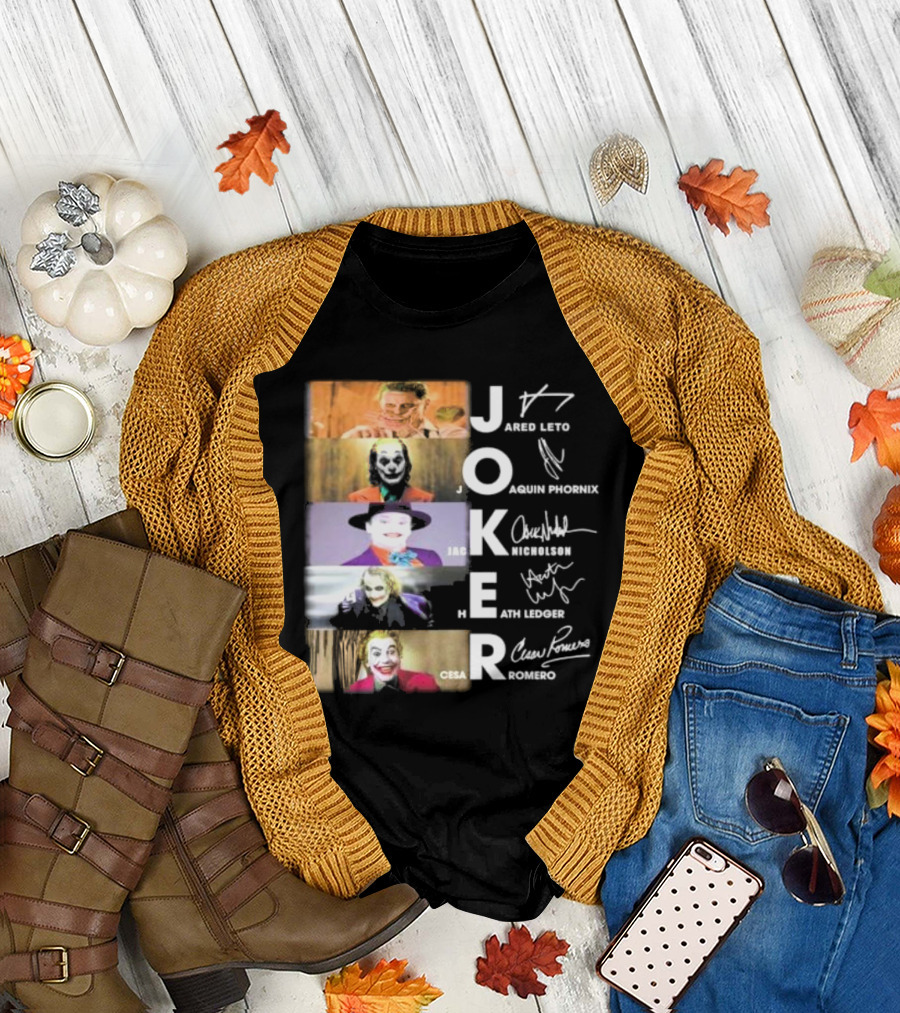 Joker Jared Leto Joaquin Phoenix Jack Nicholson Heath Ledger Cesar Romero Signatures DC Comics Movies All Stars Eras T-Shirt