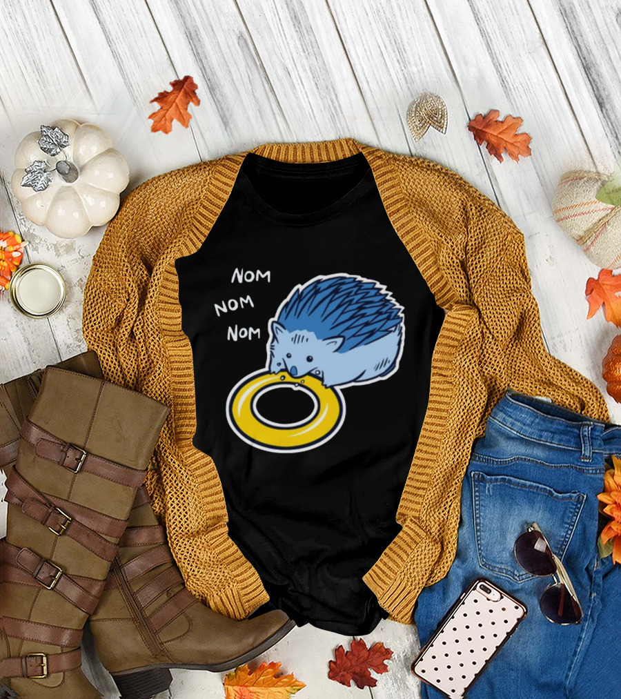 Sam Logan Hungry Blue Hedgehog Nom Nom Nom Eating Yellow Ring T-Shirt
