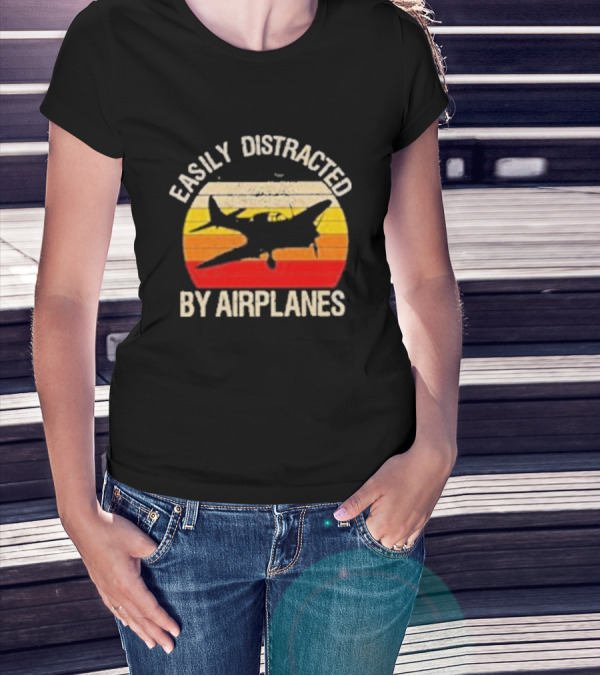 Easily Distracted By Airplanes Vintage Sunset T-Shirt