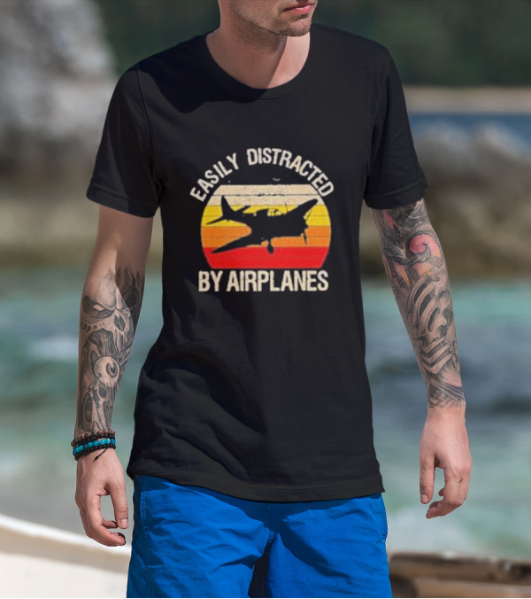 Easily Distracted By Airplanes Vintage Sunset T-Shirt