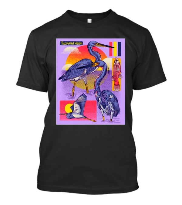 Tricolored Heron Sunset Scene With Fish And Flying Heron T-Shirt