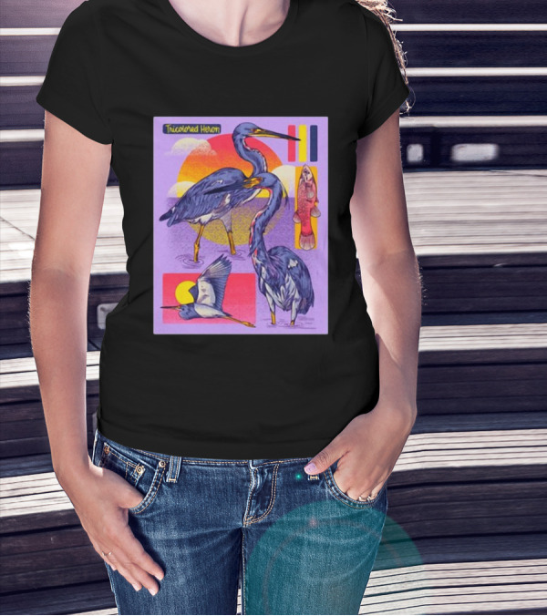Tricolored Heron Sunset Scene With Fish And Flying Heron T-Shirt