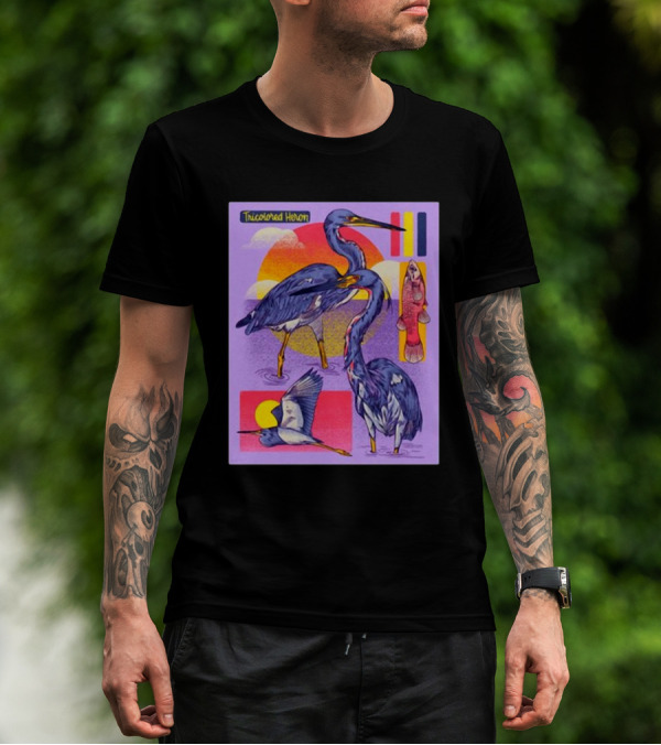 Tricolored Heron Sunset Scene With Fish And Flying Heron T-Shirt