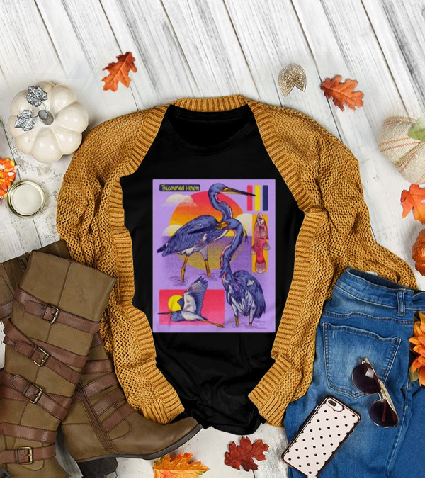 Tricolored Heron Sunset Scene With Fish And Flying Heron T-Shirt