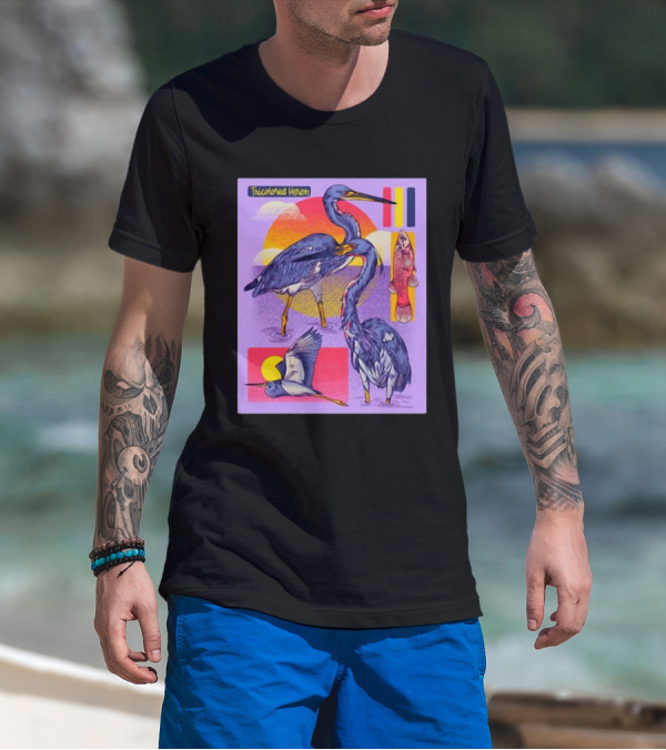 Tricolored Heron Sunset Scene With Fish And Flying Heron T-Shirt