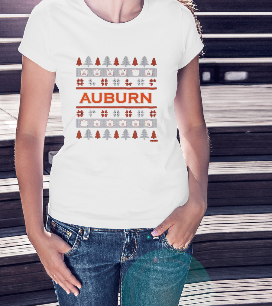 Auburn Festive Holiday Winter Pattern Trees Bears T-Shirt