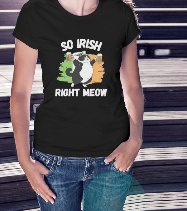So Irish Right Meow Cat Holding Beer With Irish Flag In Background T-Shirt