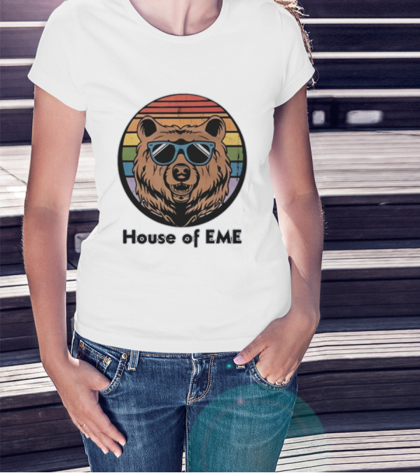 Migs Santillan House Of EME Bear Logo Sunglasses Rainbow Background T-Shirt