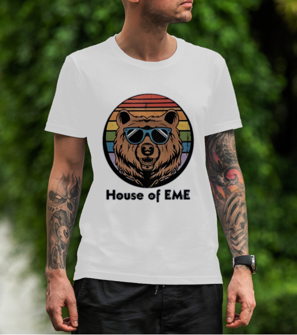 Migs Santillan House Of EME Bear Logo Sunglasses Rainbow Background T-Shirt