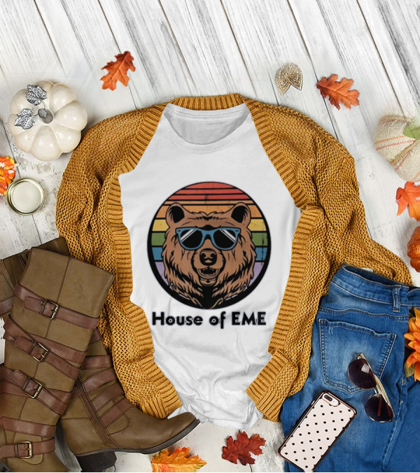 Migs Santillan House Of EME Bear Logo Sunglasses Rainbow Background T-Shirt