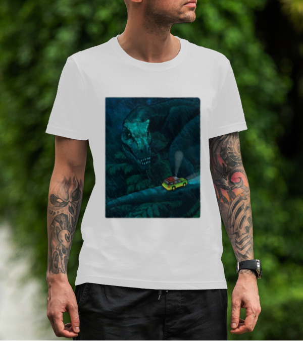 Jurassic Park T-Rex And SUV Night Scene Rainy Adventure T-Shirt