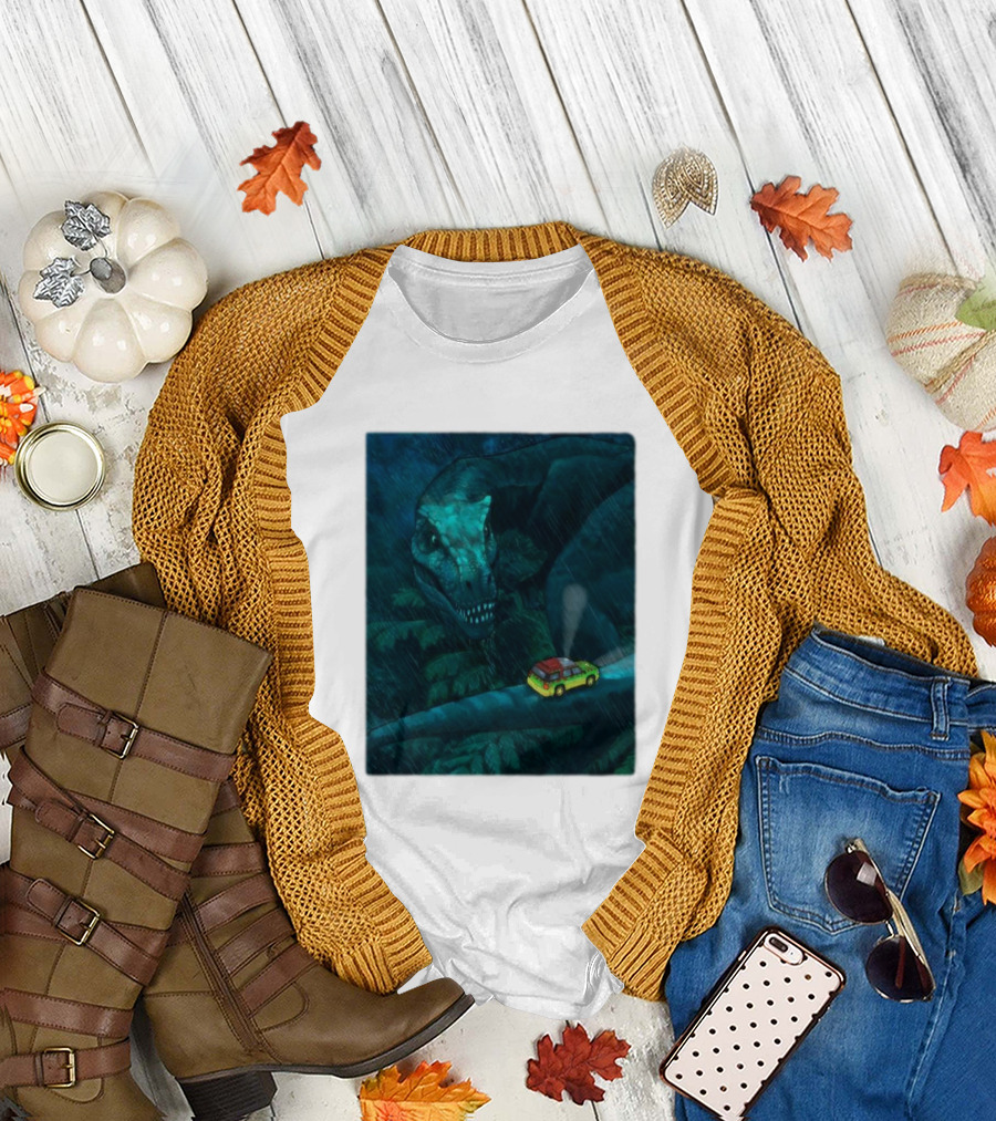 Jurassic Park T-Rex and SUV Night Scene Rainy Adventure T-Shirt