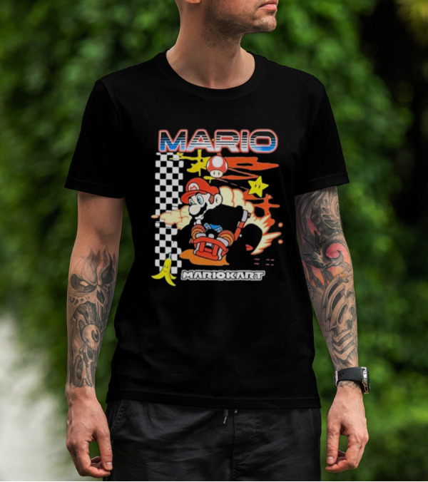 Mario Kart Racing Finish Line Checkered Flag Banana Stars T-Shirt