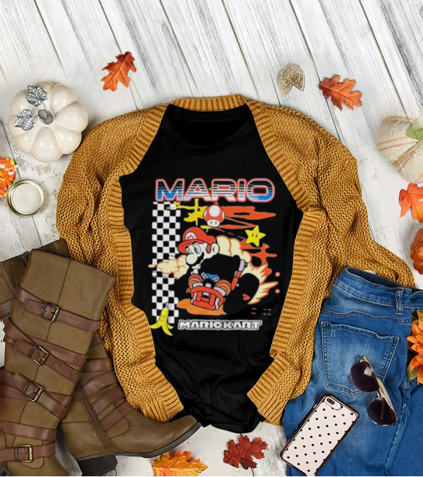 Mario Kart Racing Finish Line Checkered Flag Banana Stars T-Shirt
