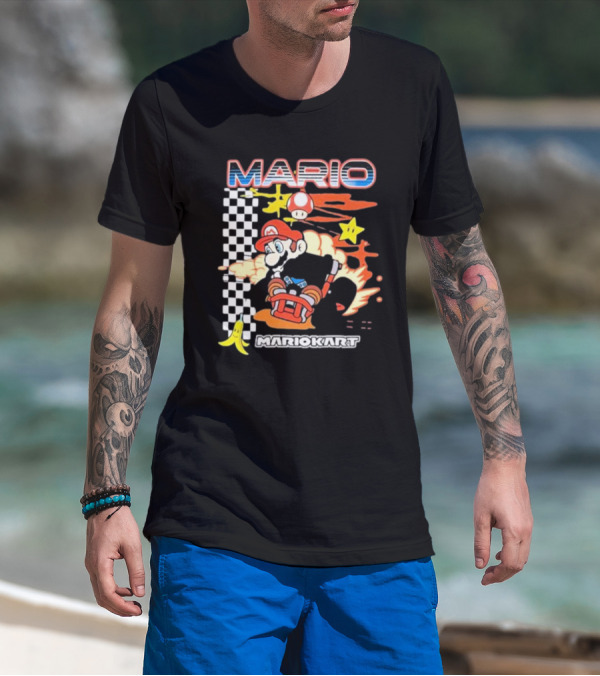 Mario Kart Racing Finish Line Checkered Flag Banana Stars T-Shirt