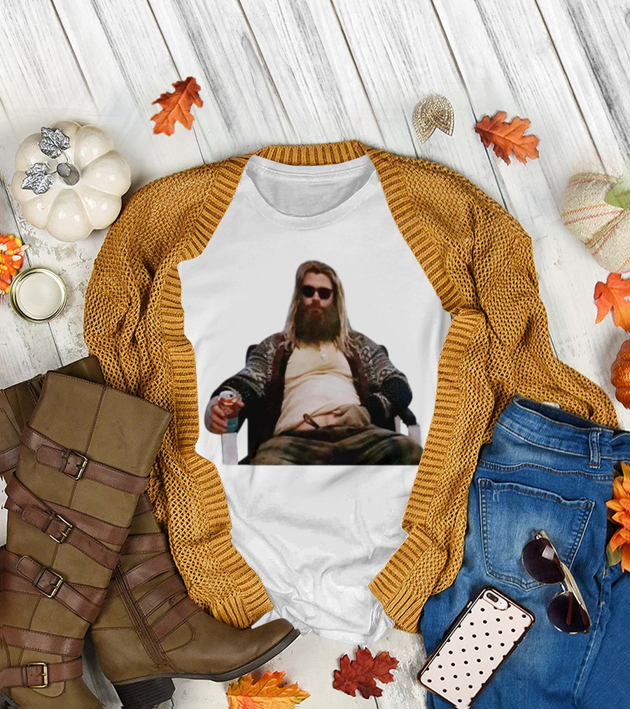 Marvel Avengers Endgame Fat Thor Sitting Relaxed with Drink T-Shirt