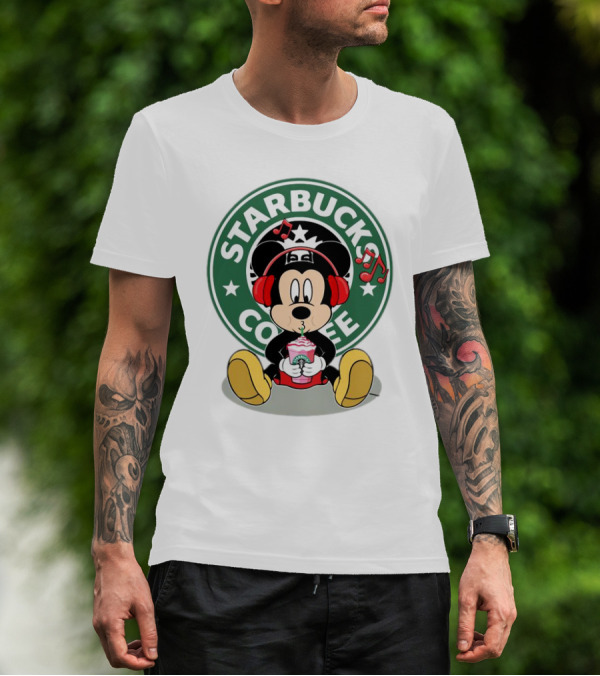 Mickey Mouse Listening To Music With Starbucks Coffee Cup T-Shirt