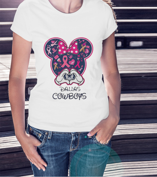 Minnie Mouse Pink Ribbon Heart Hands Dallas Cowboys Breast Cancer Awareness T-Shirt