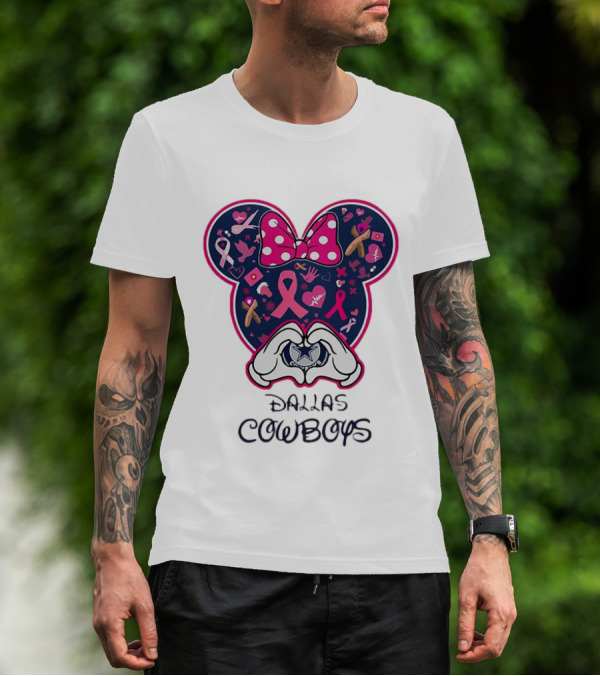 Minnie Mouse Pink Ribbon Heart Hands Dallas Cowboys Breast Cancer Awareness T-Shirt
