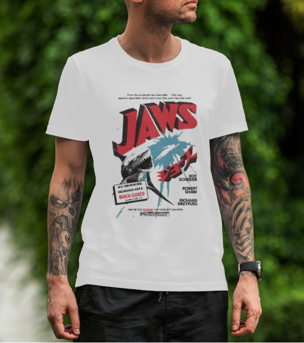 Jaws One Man Against A Giant Killer Shark Beach Closed Hazardous Area Roy Scheider Robert Shaw Richard Dreyfuss T-Shirt