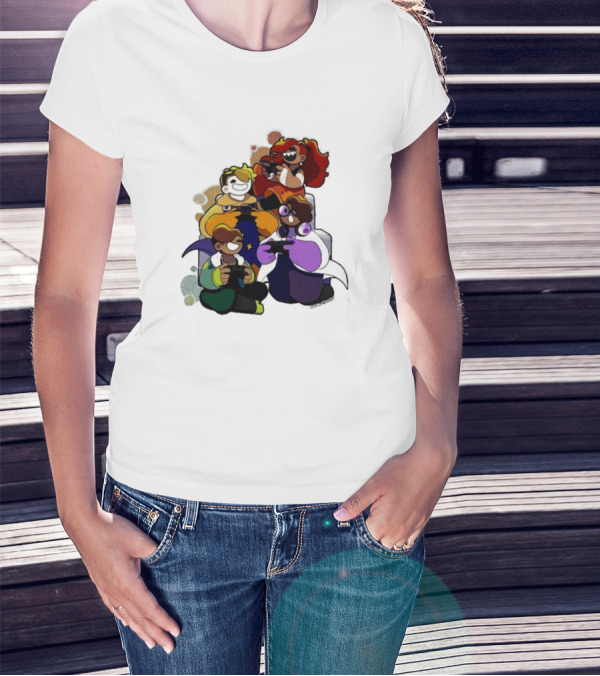 Bish Bash Bots Colorful Cartoon Characters Gaming Together T-Shirt