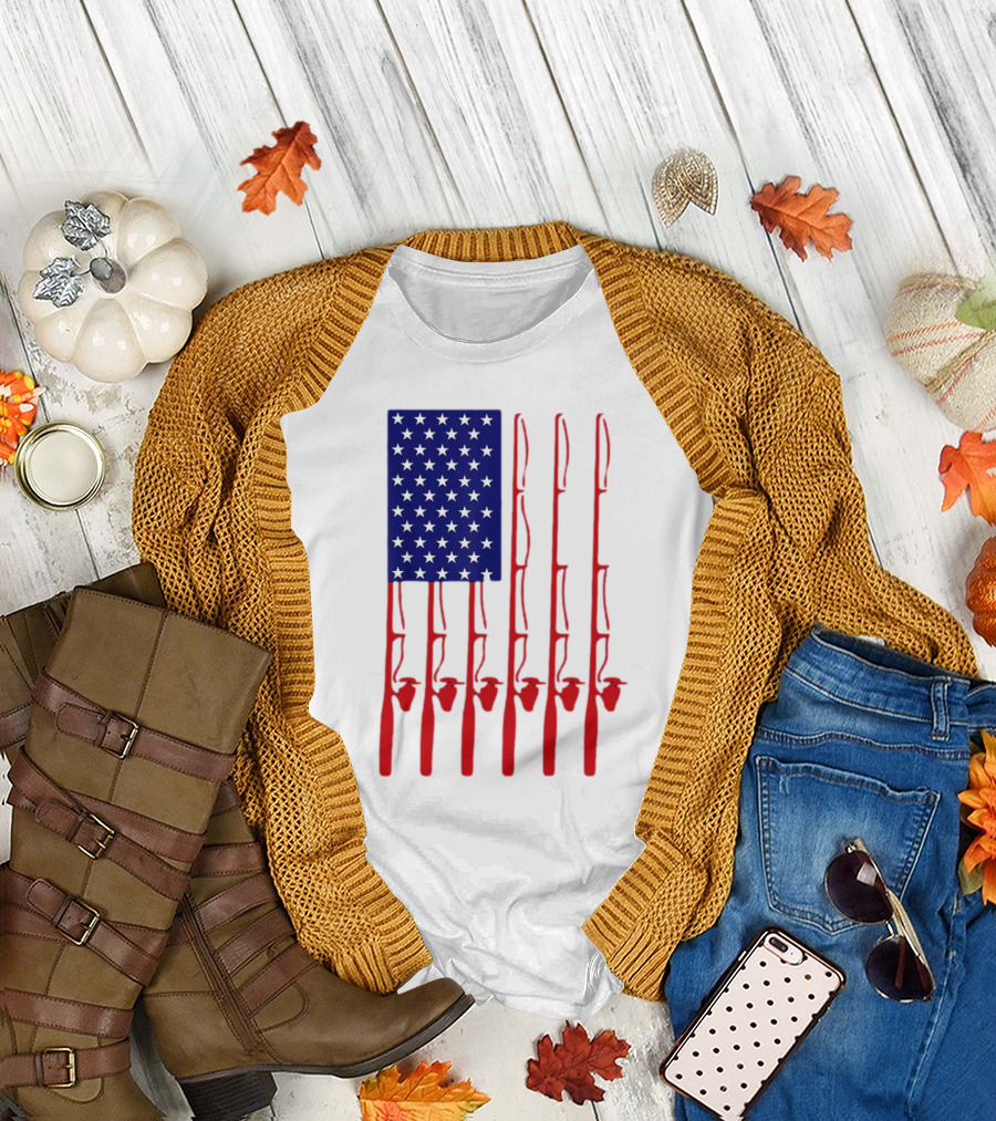 Fathers Day Fishing American Flag T-Shirt