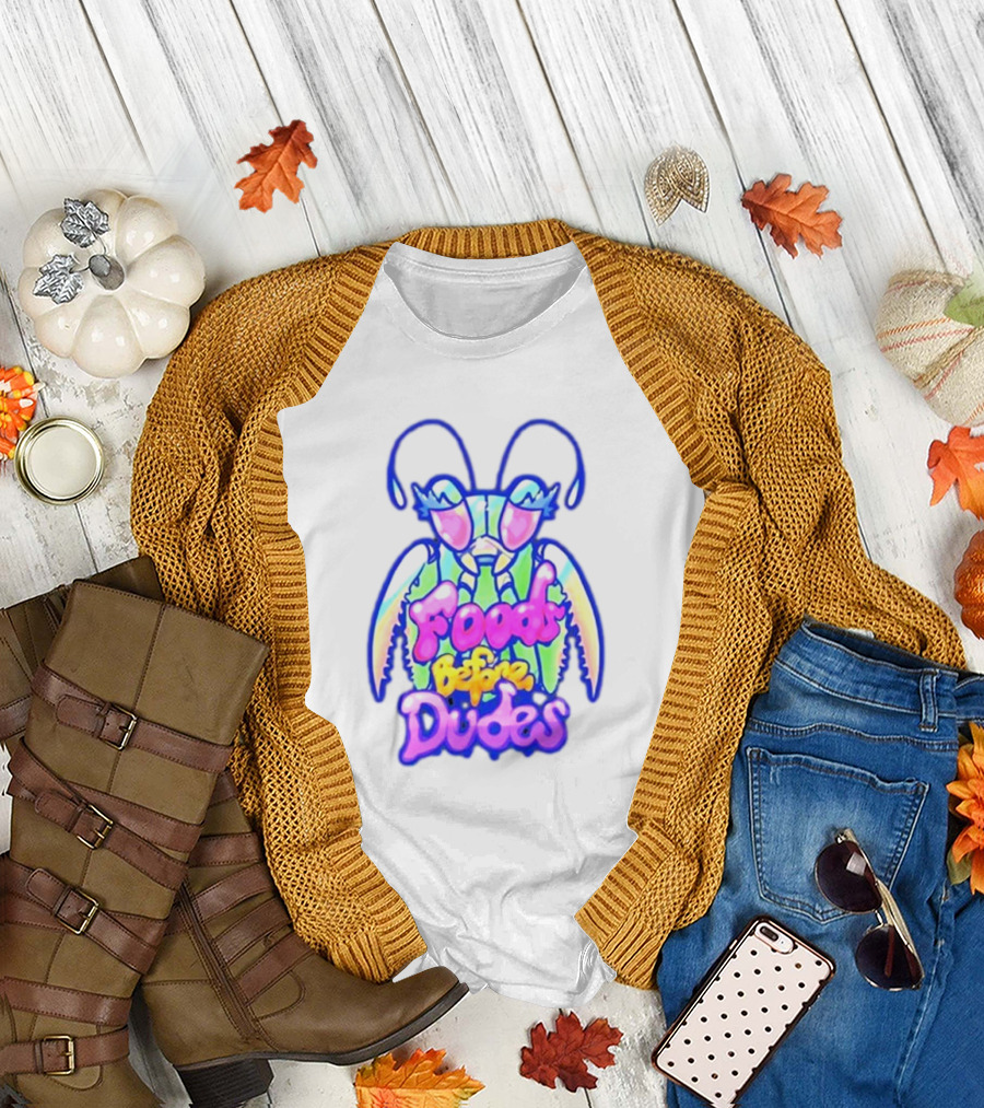 Mantis Neon Foods Before Dudes Colorful Insect Motif T-Shirt