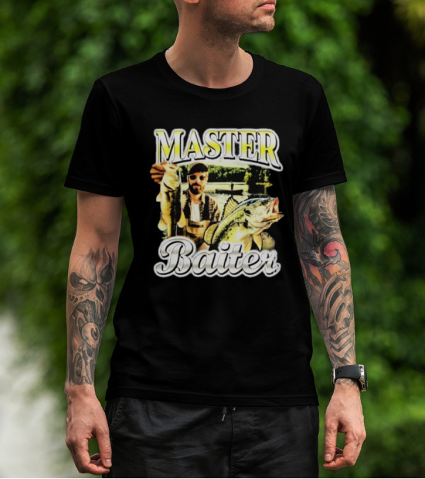 MASTER BAITER Fisherman Holding Fish In Lake Scene T-Shirt
