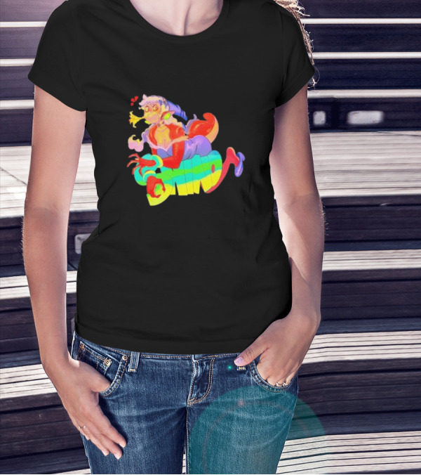 Shinto Decals Vibrant Dragon Monster Girl With Rainbow CHINO Text T-Shirt