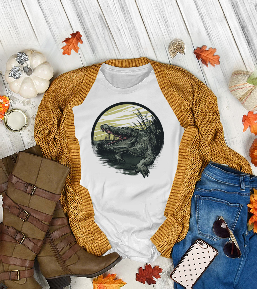 Amazing Crocodile in Swamp Sunset T-Shirt