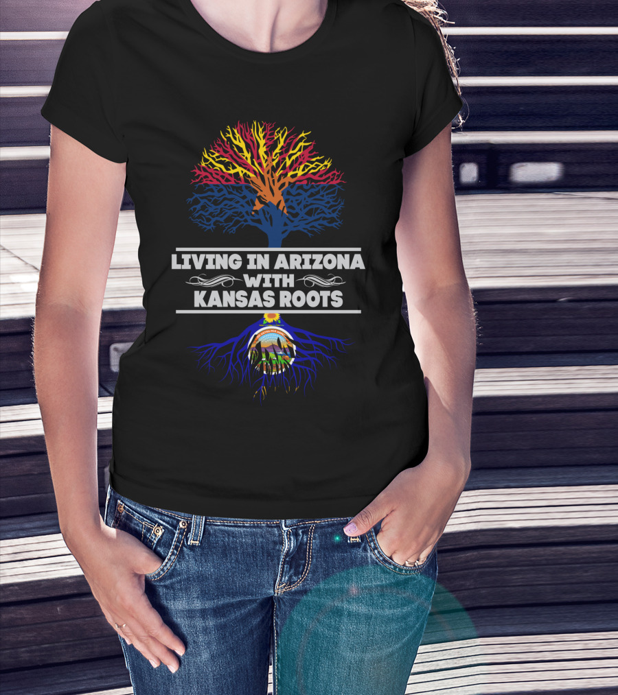 Living In Arizona With Kansas Roots Tree Design Featuring State Colors T-Shirt