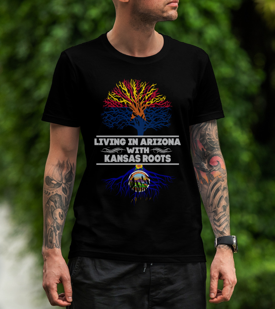 Living In Arizona With Kansas Roots Tree Design Featuring State Colors T-Shirt