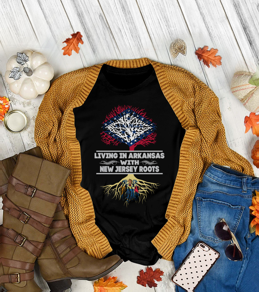 Living in Arkansas with New Jersey Roots - Arkansas Flag Tree and Roots T-Shirt