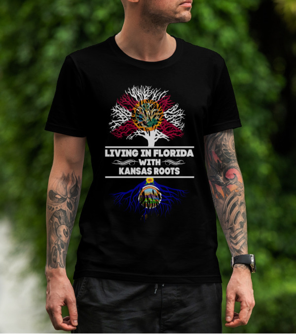 Living In Florida With Kansas Roots Tree Design Featuring State Flags T-Shirt