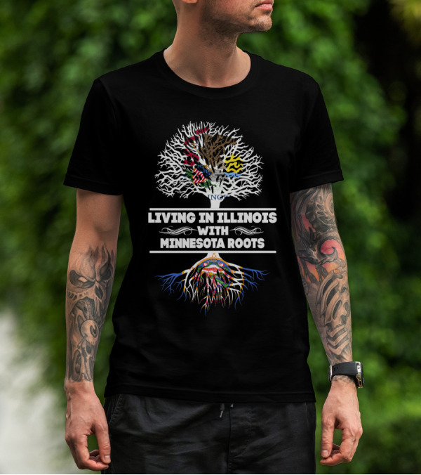 Illinois And Minnesota Tree Roots Graphic With State Flags T-Shirt