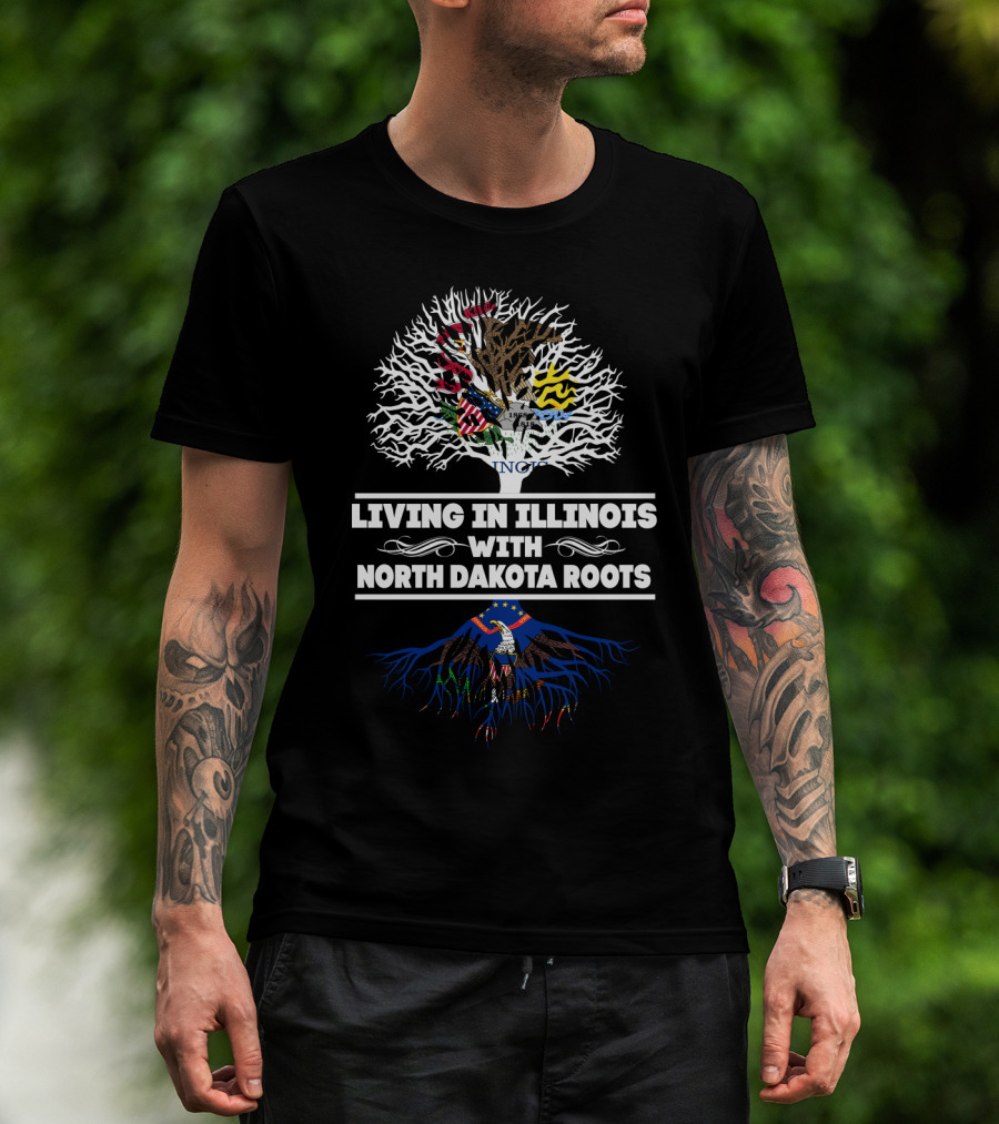 Living In Illinois With North Dakota Roots State Flags Tree T-Shirt
